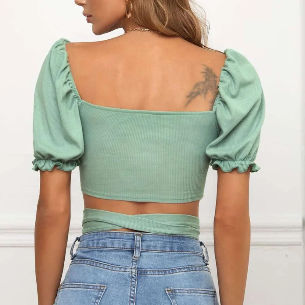 Twist Puff Sleeve Lace up Wrap Crop top - Picture 9 of 9